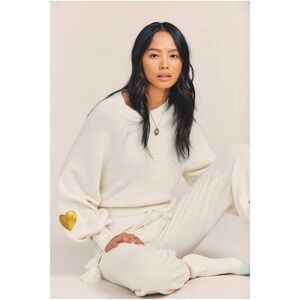 LoveShackFancy LSF Ashland Size S Cream Sequin Heart Wool Blend Sweater Luxury